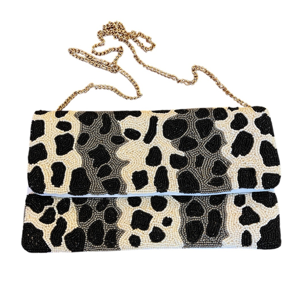 Francesca's Beaded Black & Cream Animal print cross/Shoulder Bag w/gold chain